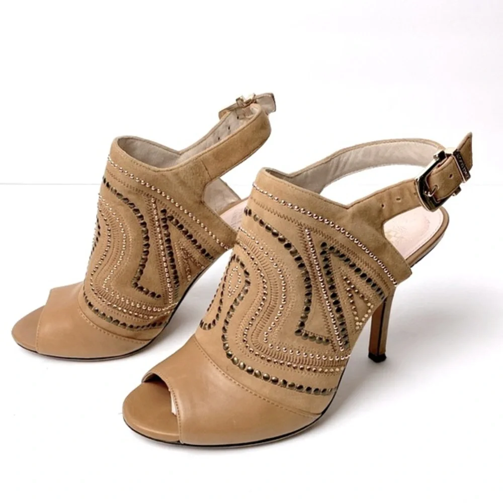 Vince Camuto Yolana Women’s Leather Tan Open Toe Slingback Studded Stiletto 7M - Picture 1 of 9